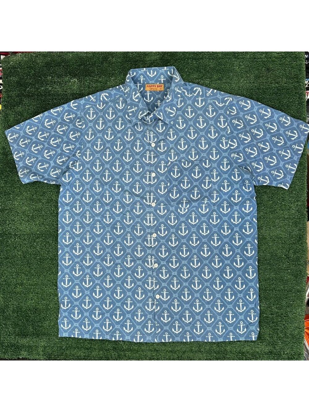 Happy Bay Anchor Print Hawaiian Shirt Preppy Nautical Coastal Sailing Beach M